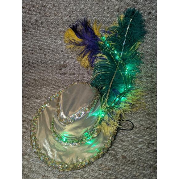 Adult Green Light Up Mardi Gras Gold Top Hat Feathers Halloween Costume Unisex - Picture 5 of 12